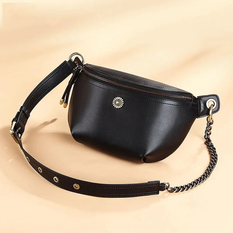 Sac Banane Femme Chic Fleur Noir / 26x14x8cm / Cuir Sac Cuir