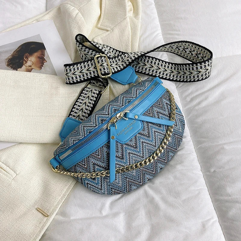 Sac Banane Femme Tissu Bleu / 24x7x6cm / Tissu + Cuir (PU) Sac Cuir