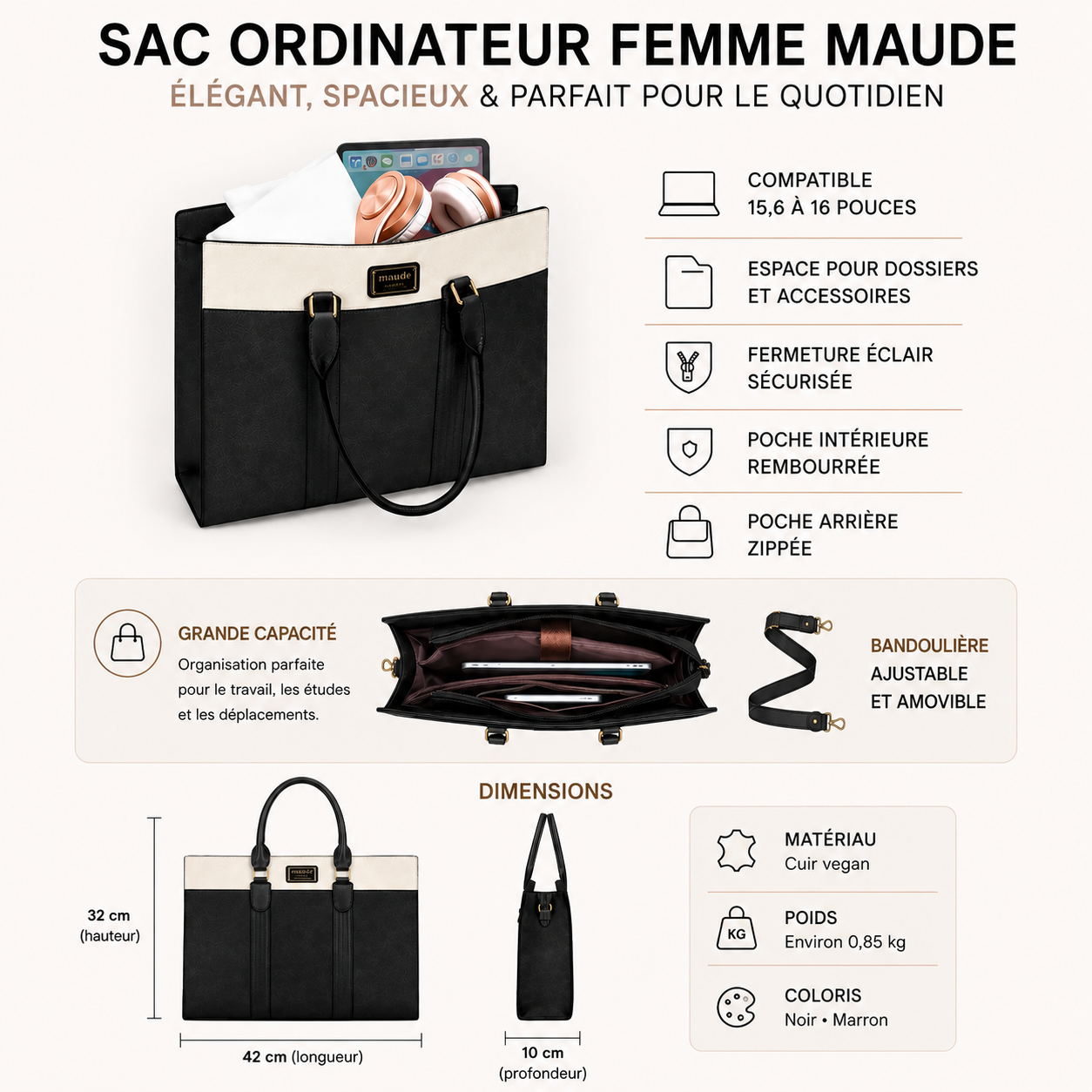 Sac Bureau Femme Maude | Sac Ordinateur Femme Chic 16"