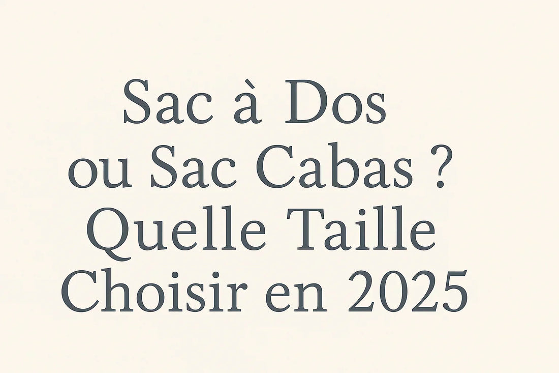 « Sac à Dos ou Sac Cabas ? Quelle Taille Choisir en 2025 » écrit en typographie élégante sur fond beige, image d’en-tête d’un guide comparatif pour bien choisir son sac de cours.