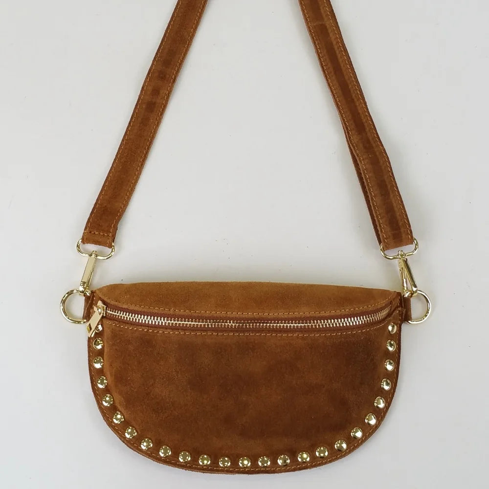 Sac Banane Femme en Daim Clouté | Romane Cognac / Daim