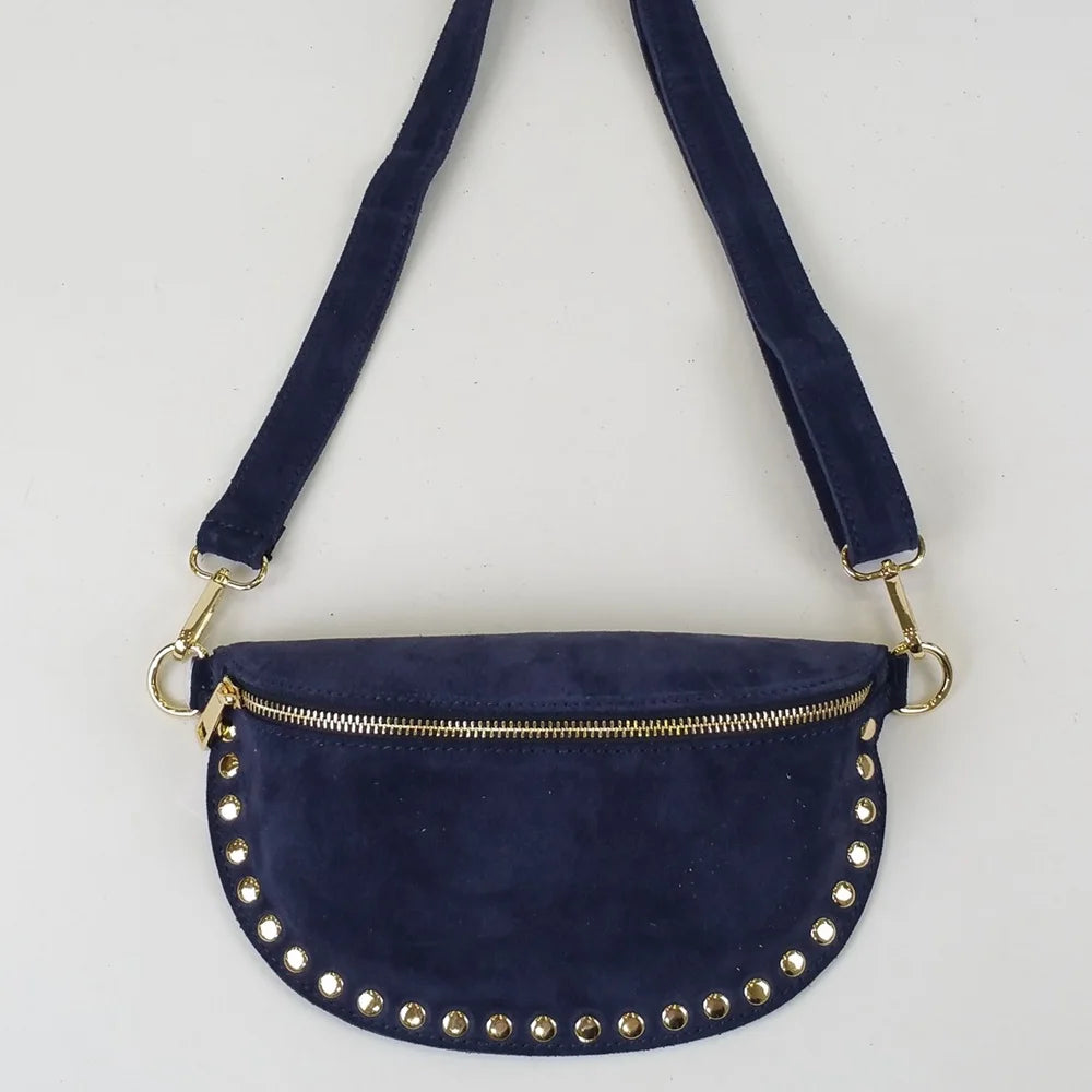 Sac Banane Femme en Daim Clouté | Romane Bleu Marine / Daim