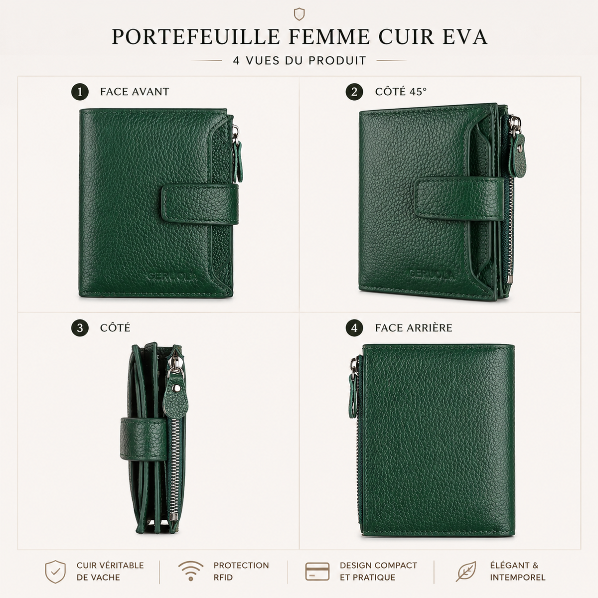 Portefeuille Femme Cuir Eva – RFID & Compact
