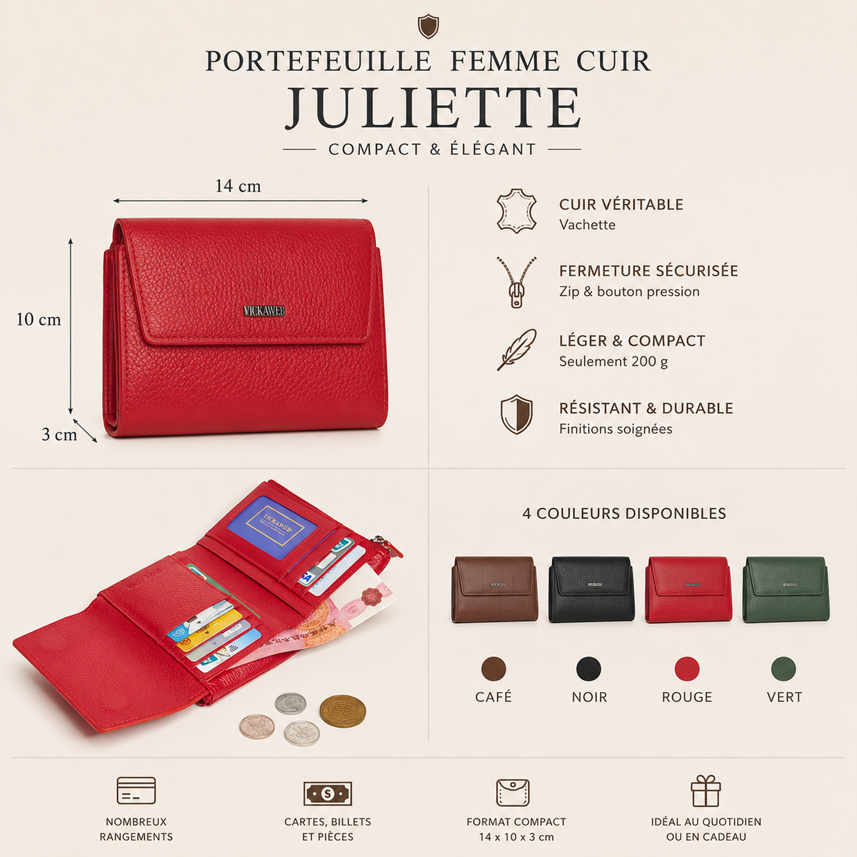 Portefeuille Femme Cuir Juliette – Compact et Élégant