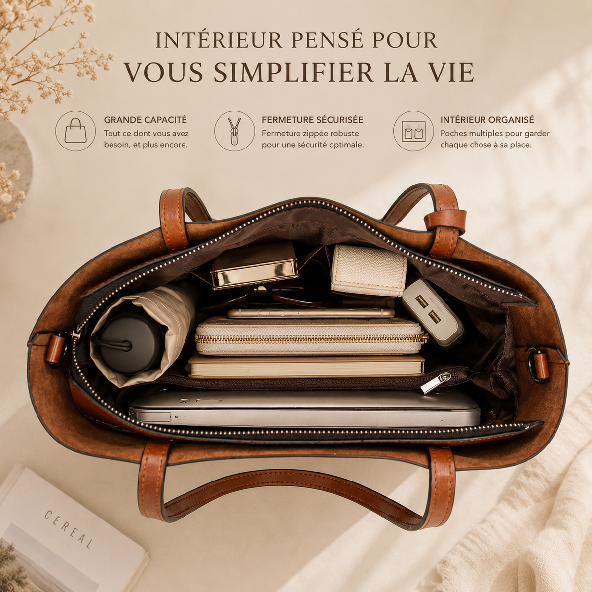 Sac Cabas Cuir Angelina – Camel Souple et Raffiné Sac Cabas