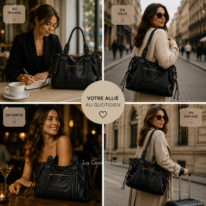 Sac Cabas Cuir Femme Tendance -  Anne Noir / Cuir Vegan