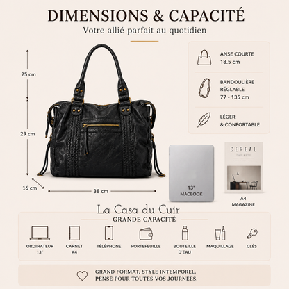 Sac Cabas Cuir Femme Tendance -  Anne Noir / Cuir Vegan