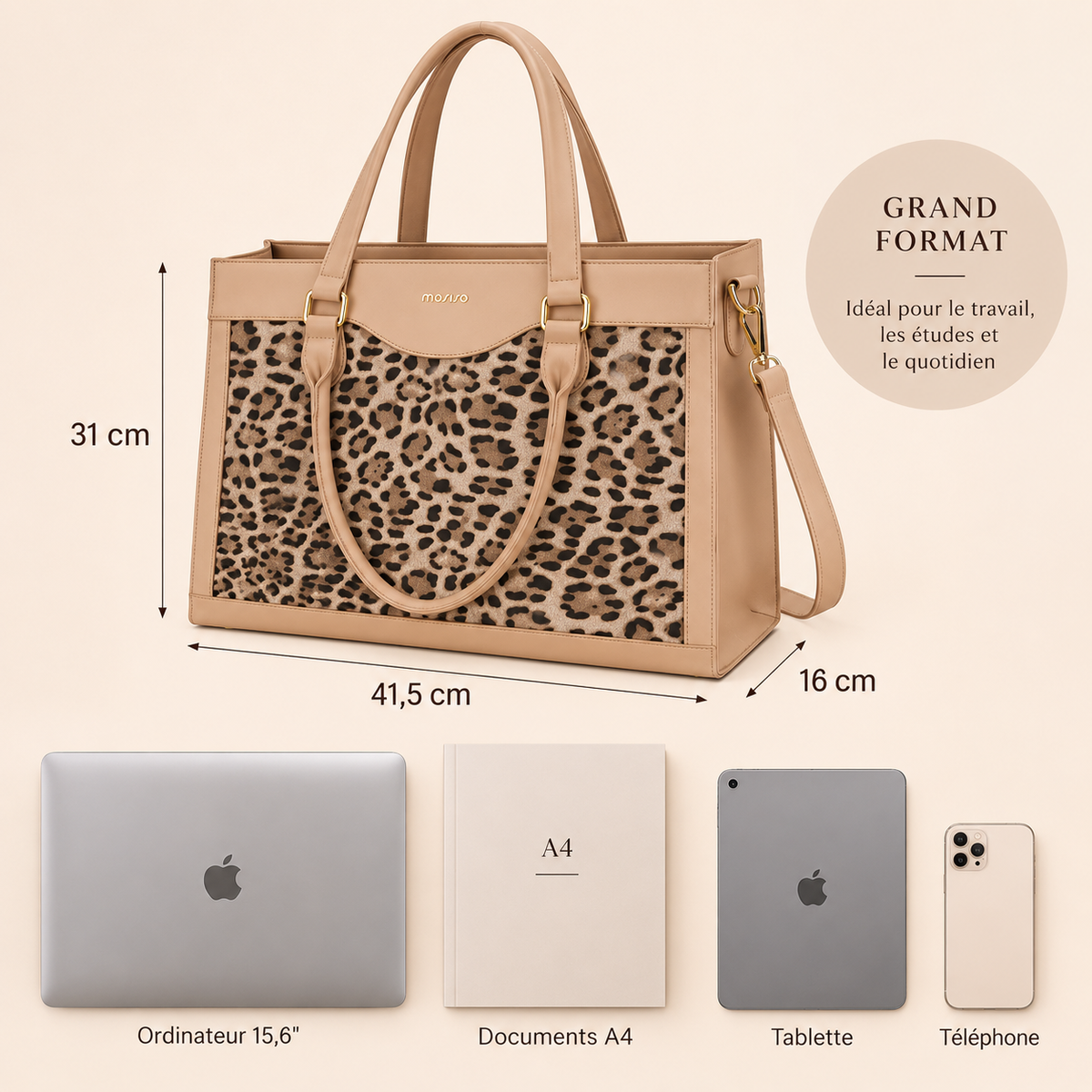 Sac Cabas Femme Léopard Pascale – Ordinateur 15,6 Pouces Apricot / 15.6 Pouces / Cuir Vegano