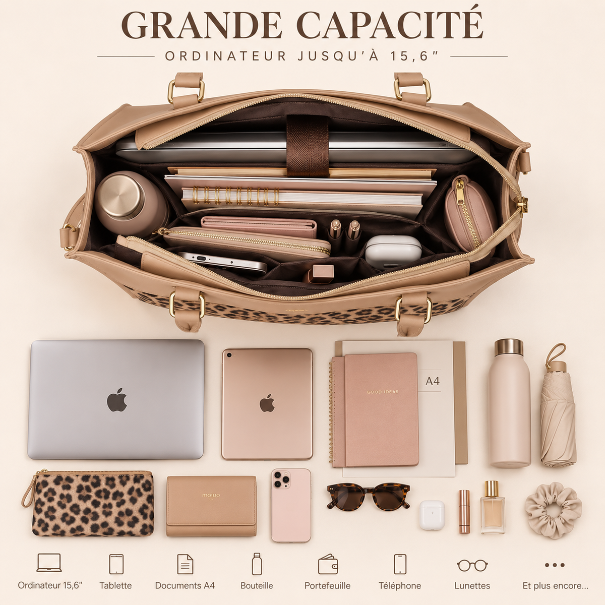 Sac Cabas Femme Léopard Pascale – Ordinateur 15,6 Pouces Apricot / 15.6 Pouces / Cuir Vegano