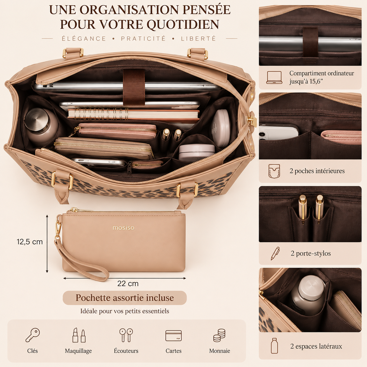 Sac Cabas Femme Léopard Pascale – Ordinateur 15,6 Pouces Apricot / 15.6 Pouces / Cuir Vegano