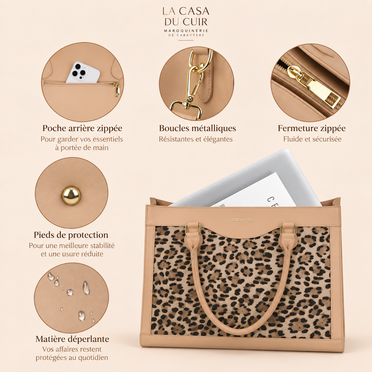 Sac Cabas Femme Léopard Pascale – Ordinateur 15,6 Pouces Apricot / 15.6 Pouces / Cuir Vegano
