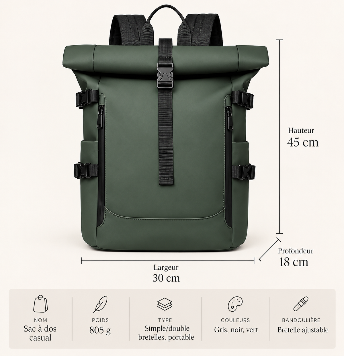 Sac à Dos Roll Top Homme Ordinateur 16 Pouces – Antoine
