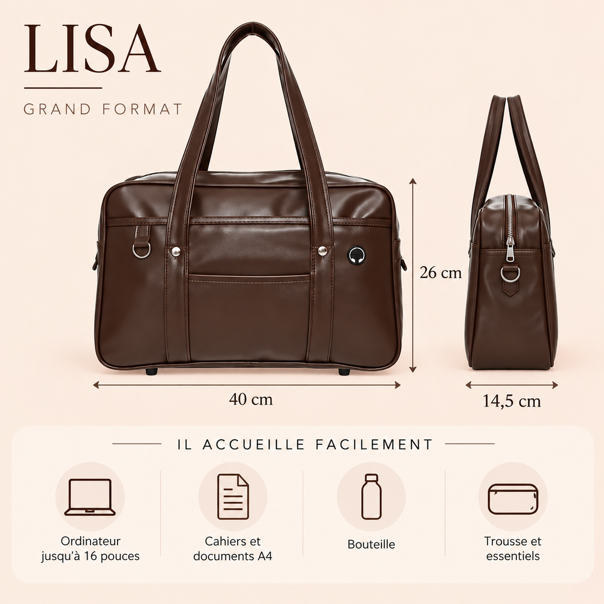 Sac à main cours lycée Lisa – Grand cabas stylé & pratique Sac Cuir Femme