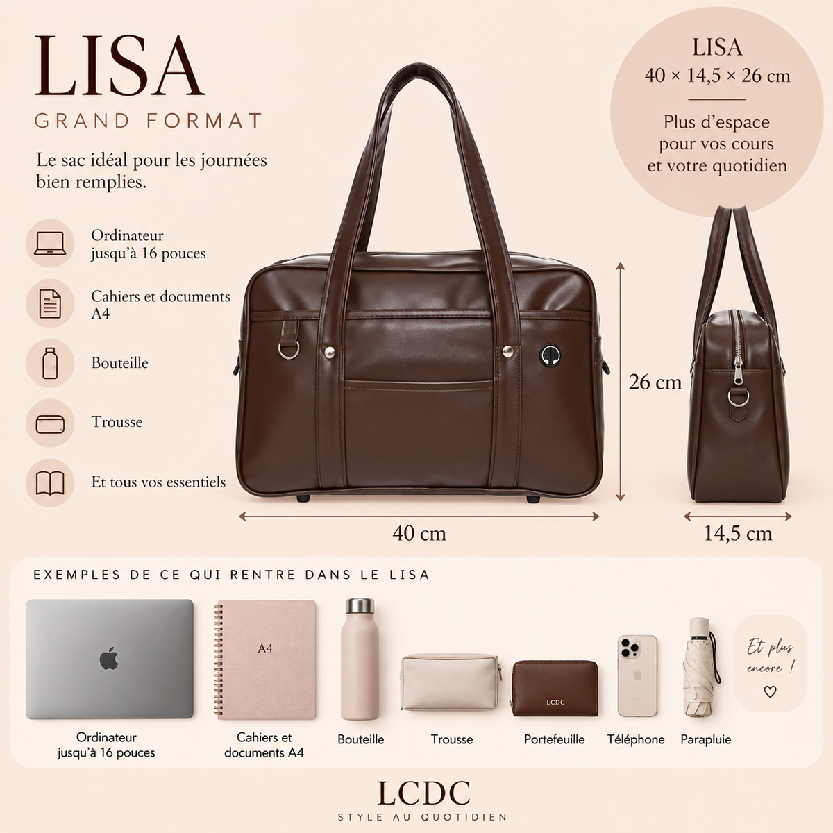 Sac à main cours lycée Lisa – Grand cabas stylé & pratique Sac Cuir Femme