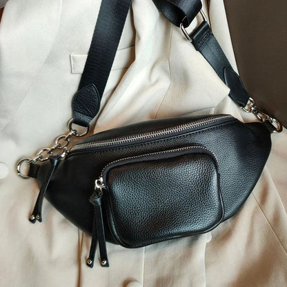 Sac Banane Femme Chic en Cuir Noir / 30x15x9cm / Cuir Sac Cuir