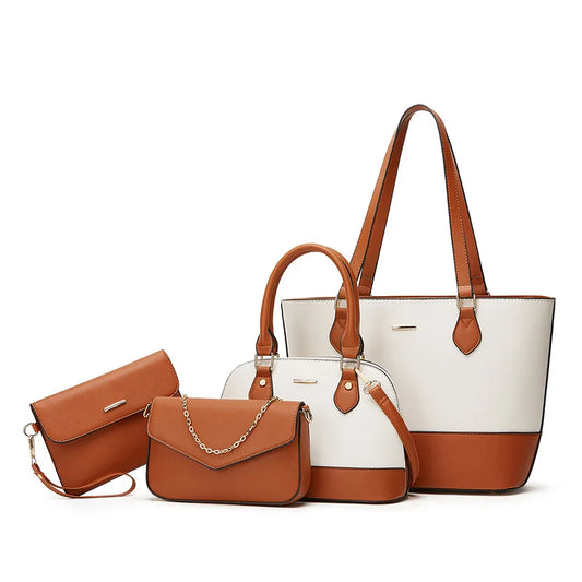 Sac Cabas Camille – Ensemble 4-en-1 Femme Chic & Polyvalent Blanc et Marron / Cuir Vegan Sac Cabas