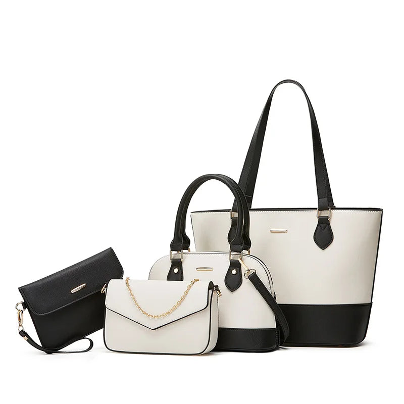 Sac Cabas Camille – Ensemble 4-en-1 Femme Chic & Polyvalent Blanc et Noir / Cuir Vegan Sac Cabas