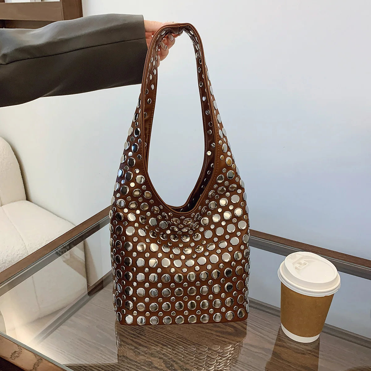 Sac Cabas Cuir Vegan Femme Mila | Sac Cabas Luxe Pas Cher Café / Cuir Vegan