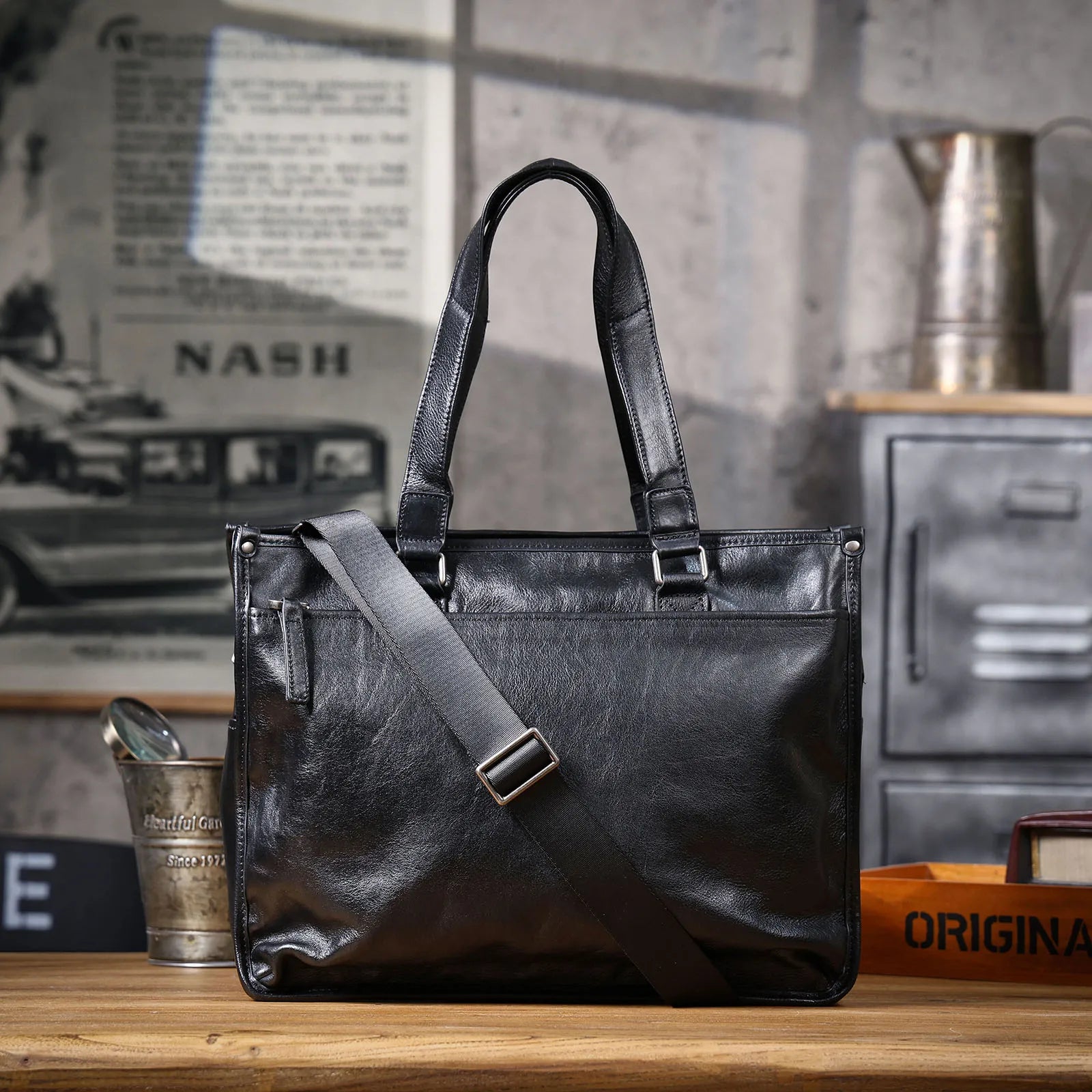 Sac Cabas Homme Cuir Nolan | Sac Travail Homme Élégant Noir / Cuir de Vache