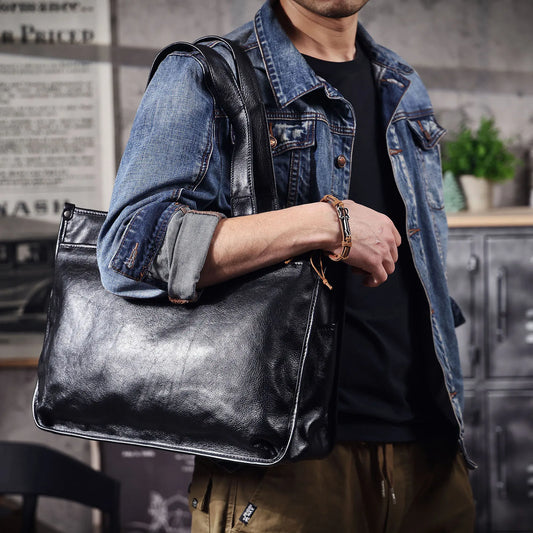Sac Cabas Homme Cuir Nolan | Sac Travail Homme Élégant Noir / Cuir de Vache
