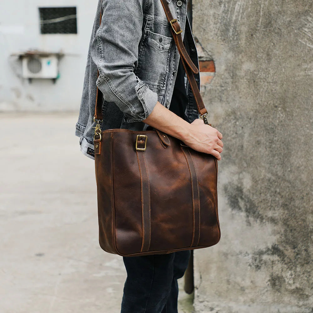 Sac Cabas Homme Cuir Vintage | Voyage & Week-End Élégant Café / Cuir Véritable Sac Cuir