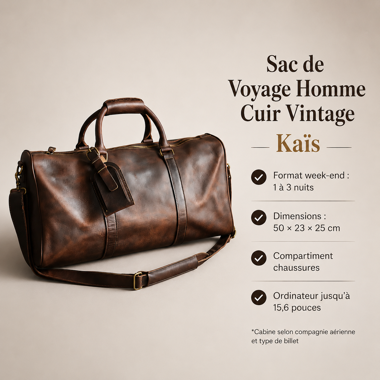 Sac voyage cuir homme Kaïs marron pour escapade de 1 à 3 nuits