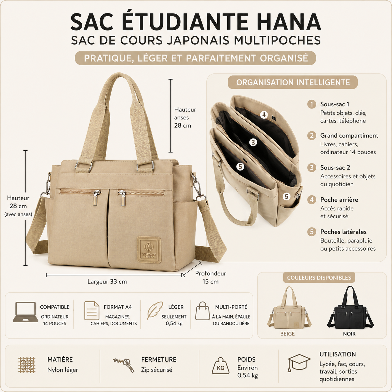 Sac Étudiante Hana – Sac Japonais Lycée Multipoches Sac Cabas