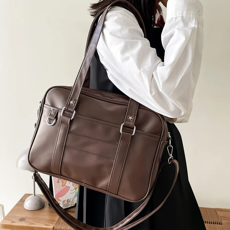 Sac Étudiante Sakura – Sac Japonais Lycée Kawaii Femme Café / Cuir Vegan Sac Cabas