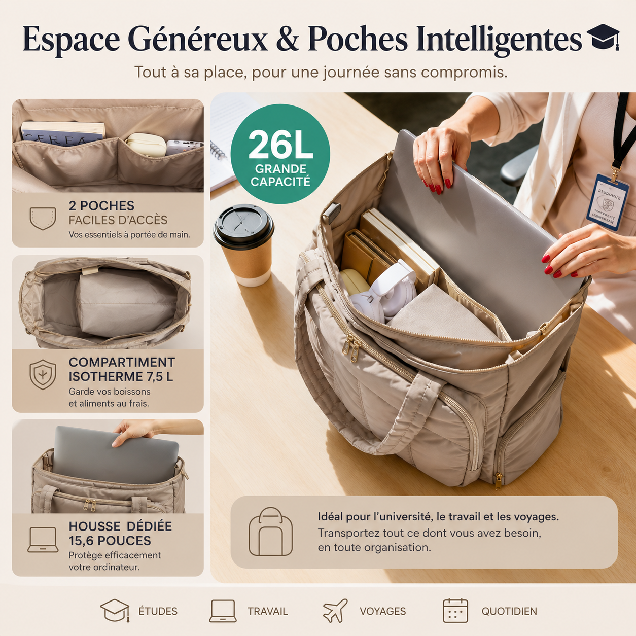 Sac Ordinateur Maya – Grand Sac de Cours Femme 15,6” Sac Cabas