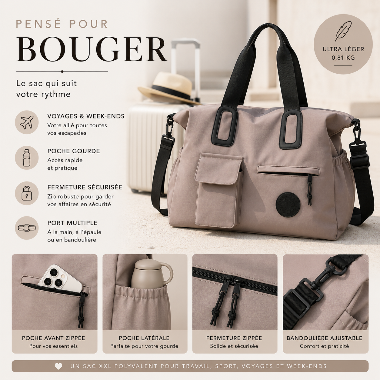 Tote Bag Nova – Sac XXL Femme pour Travail & Voyage sac de sports