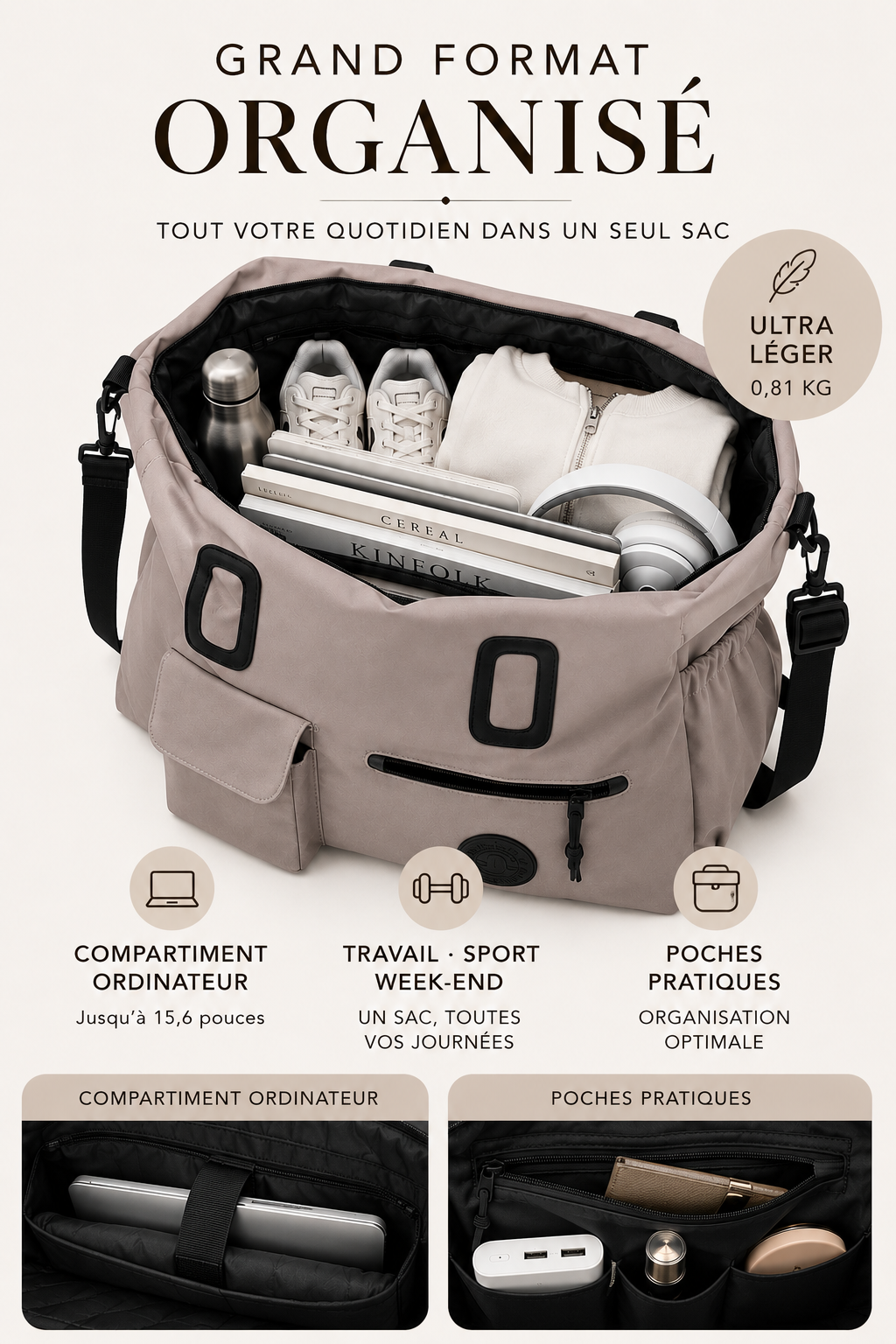 Tote Bag Nova – Sac XXL Femme pour Travail & Voyage sac de sports