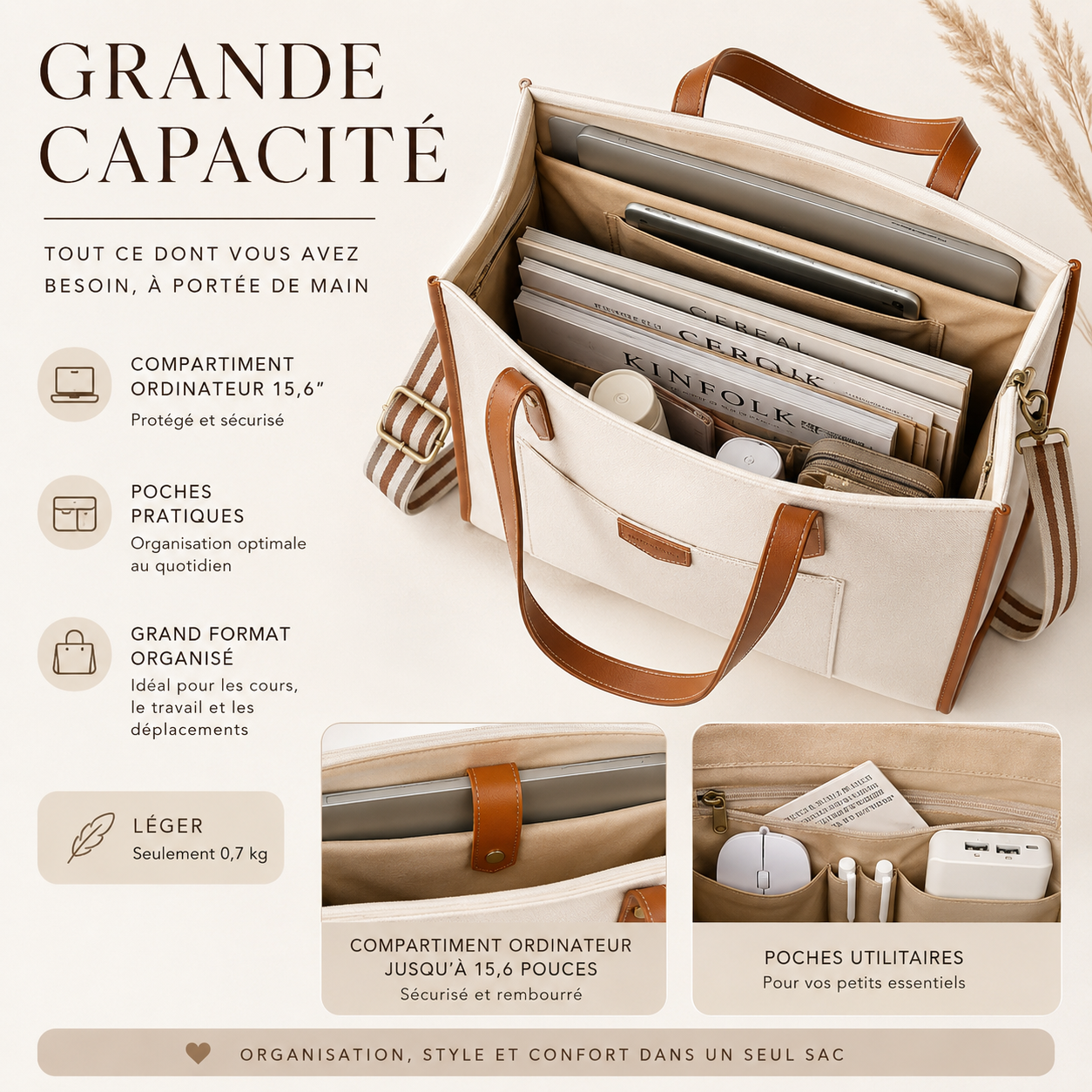 Tote Bag Siena – Sac de Cours Femme Tendance Sac Ordinateur