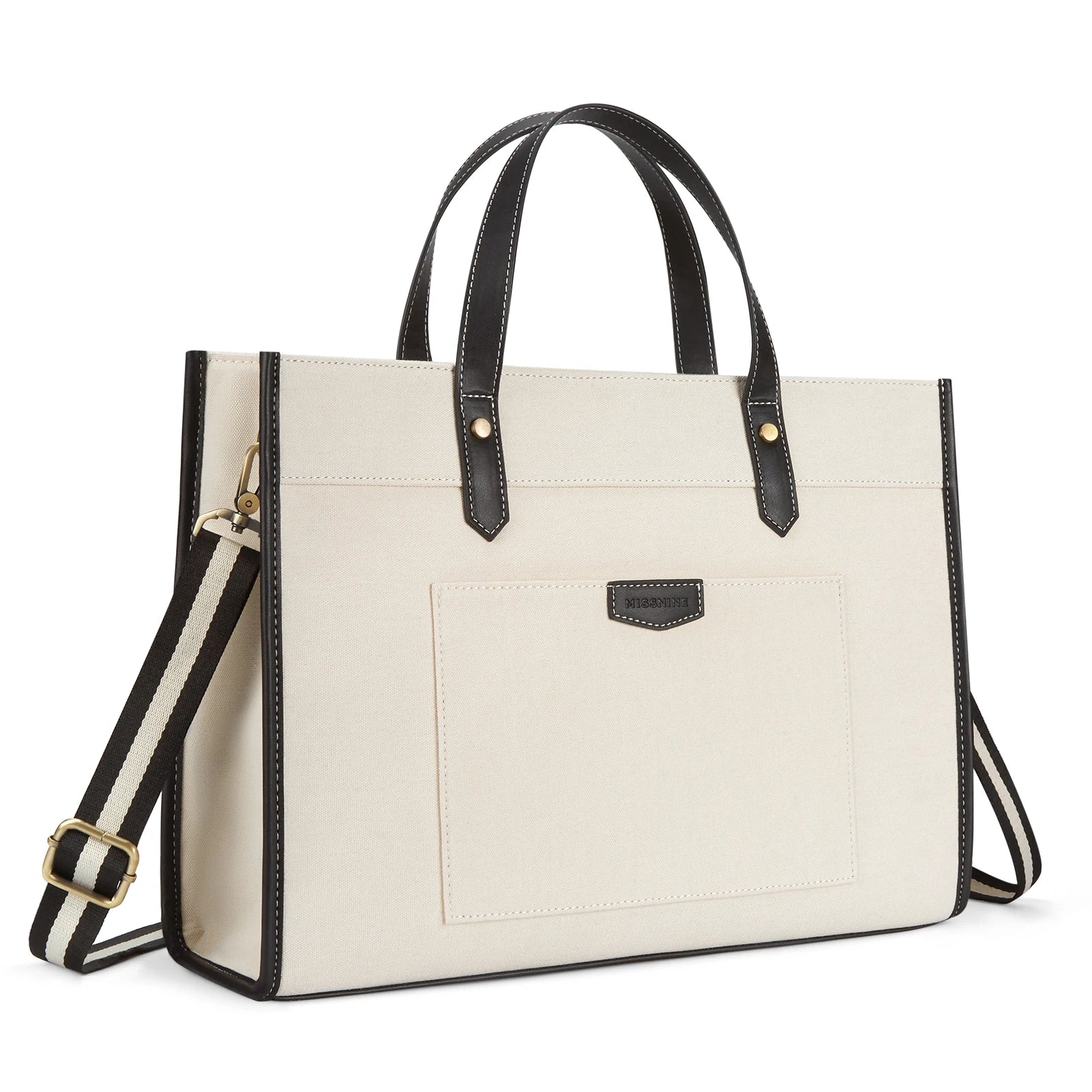 Tote Bag Siena – Sac de Cours Femme Tendance Beige / Canva + Cuir Vegan Sac Ordinateur