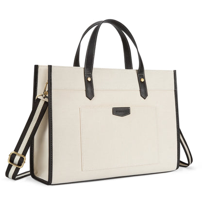Tote Bag Siena – Sac de Cours Femme Tendance Beige / Canva + Cuir Vegan Sac Ordinateur
