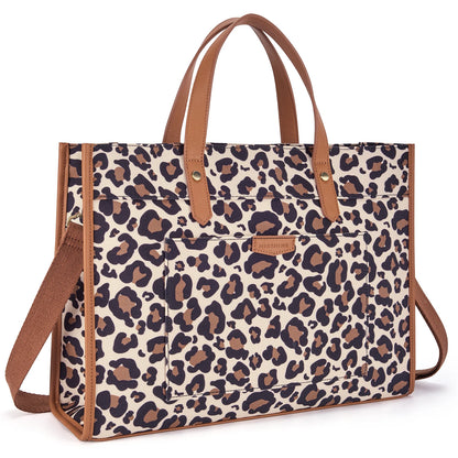 Tote Bag Siena – Sac de Cours Femme Tendance Imprimé Léopard / Canva + Cuir Vegan Sac Ordinateur