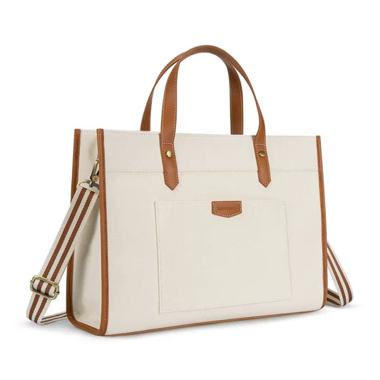 Tote Bag Siena – Sac de Cours Femme Tendance Marron / Canva + Cuir Vegan Sac Ordinateur