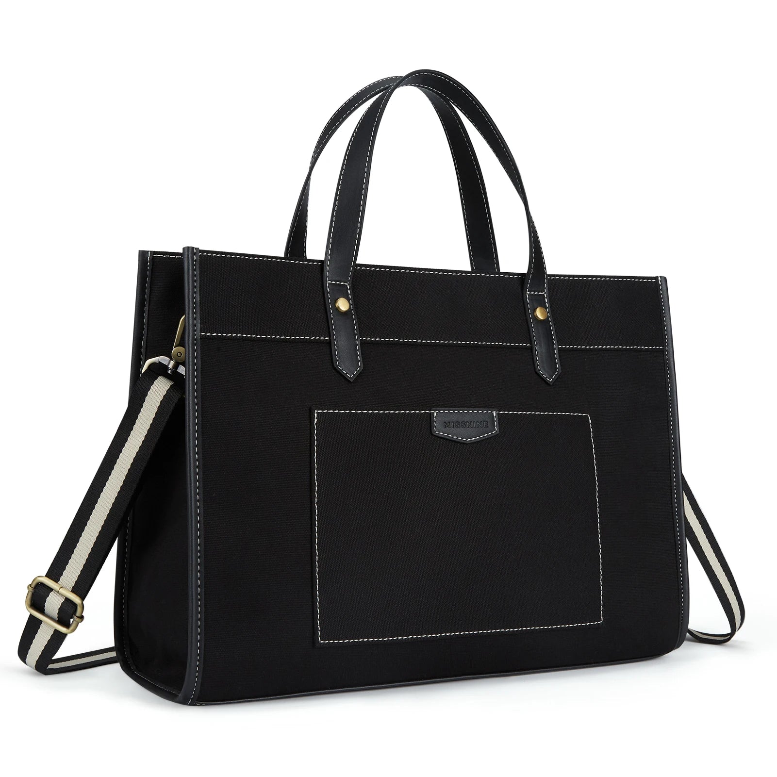 Tote Bag Siena – Sac de Cours Femme Tendance Noir / Canva + Cuir Vegan Sac Ordinateur